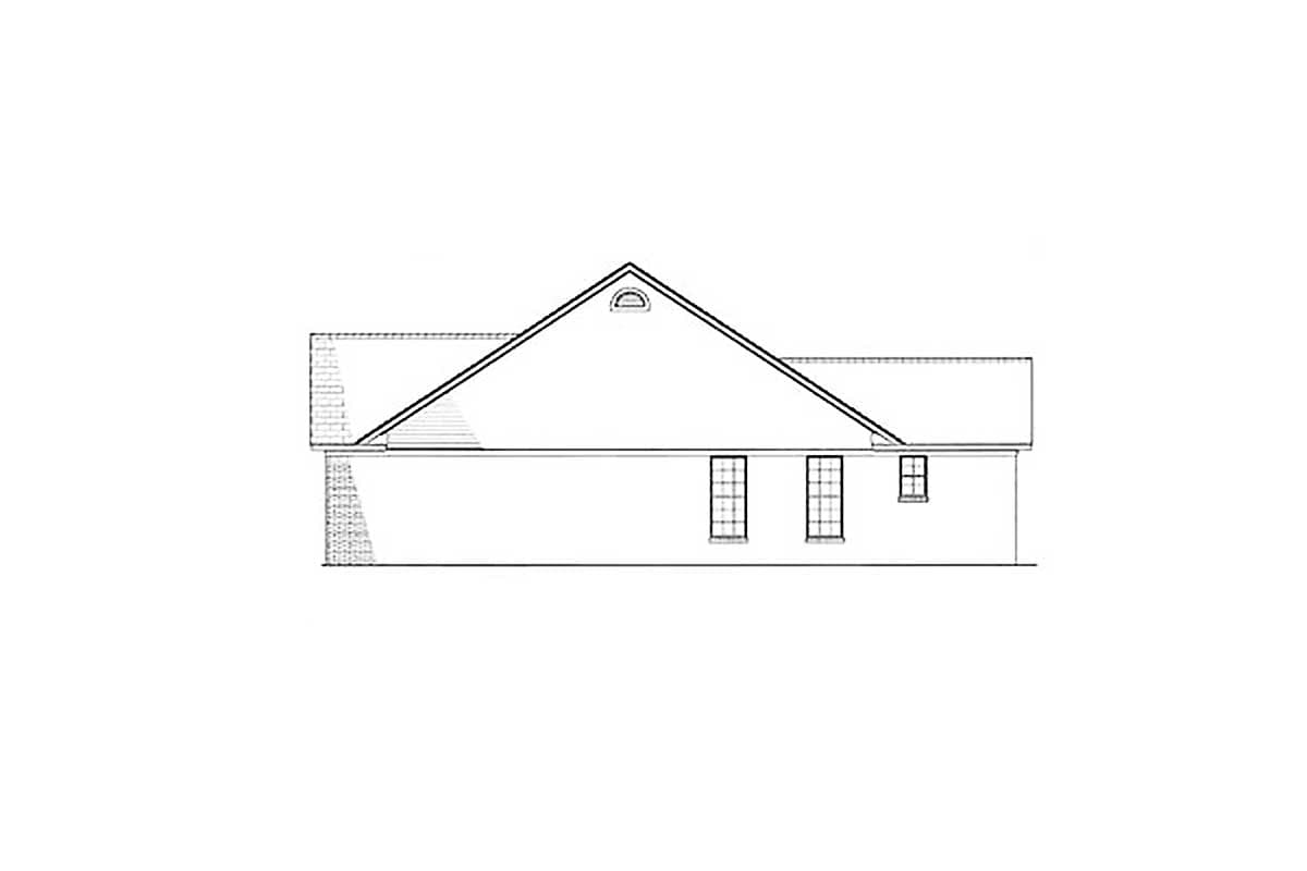 House plan side elevation drawing showing a gabled roof, dormer, and three windows.