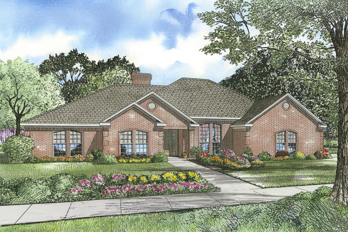 House plan exterior: one-story brick home with arched windows, central gabled entry, and hip roof.