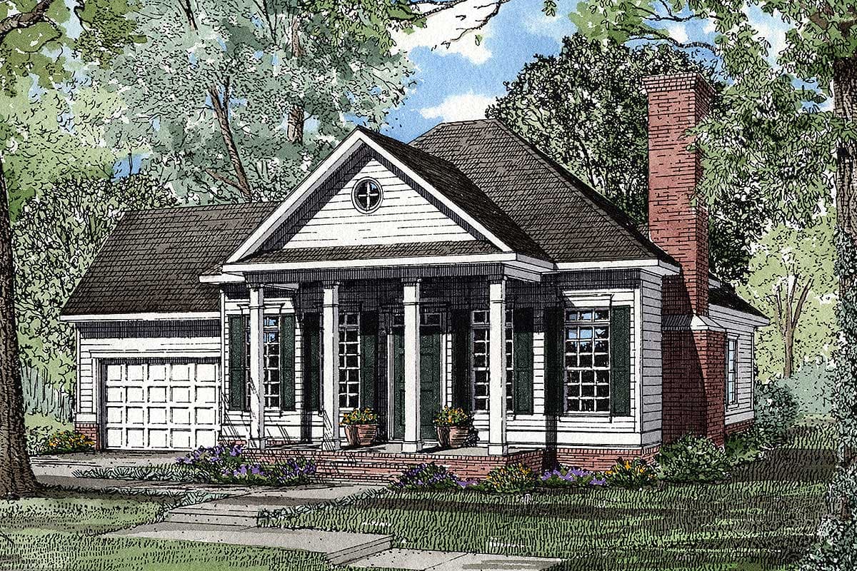 House plan exterior: Traditional style, one-story home with a front-facing garage, covered porch with columns, and a brick chimney.