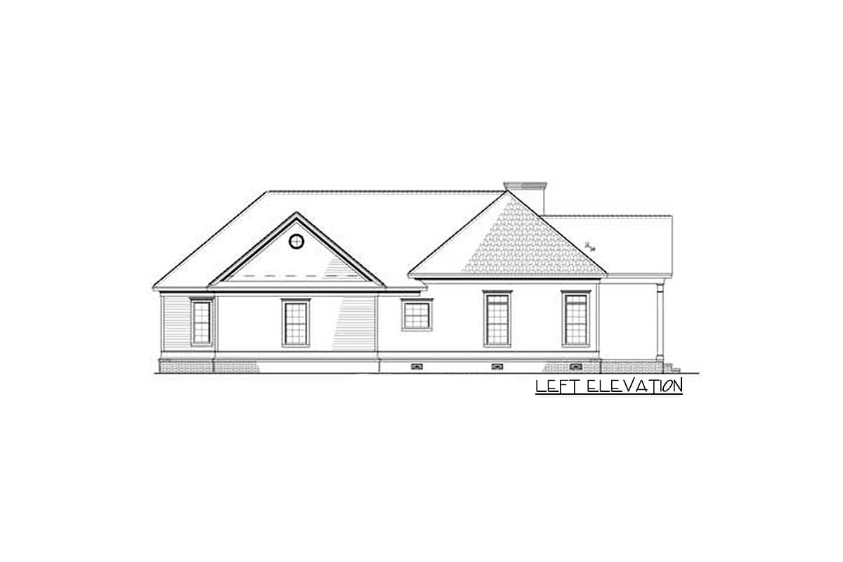Left elevation drawing of a single-story house plan with a prominent gable, dormer, and brick foundation.