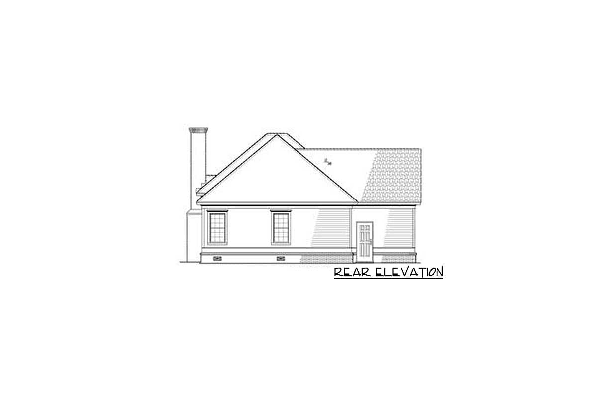 Rear elevation drawing of a house plan with a gable roof, chimney, two windows, and a door.