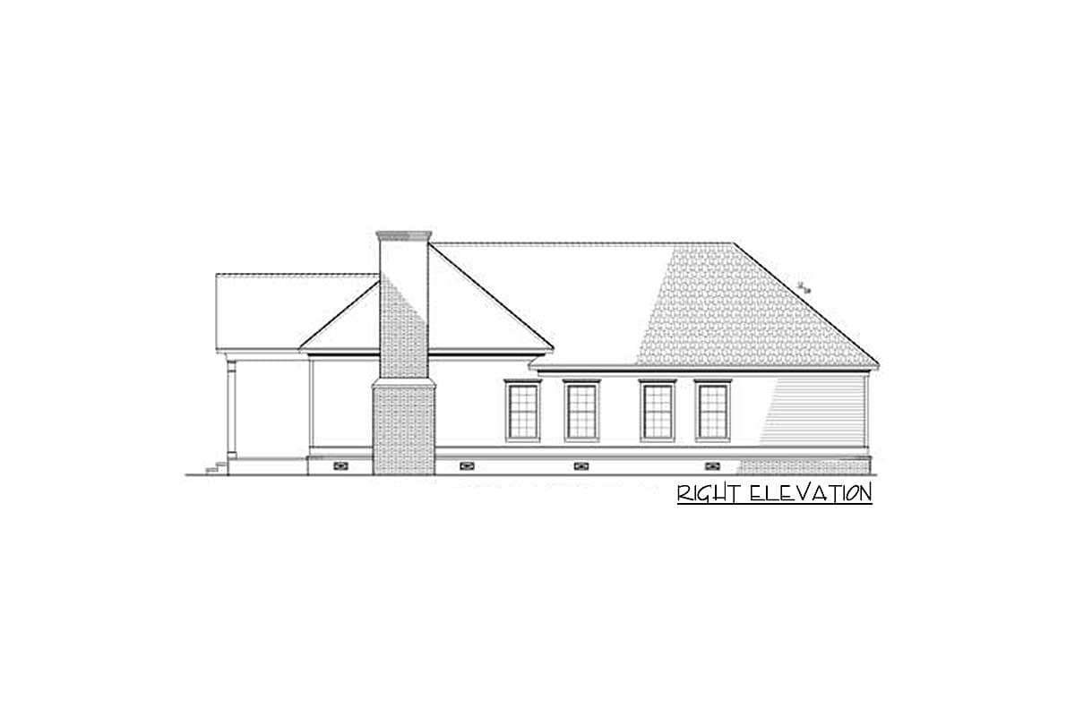 Right elevation drawing of a house plan showing a large brick chimney, multiple windows, and sloped rooflines.