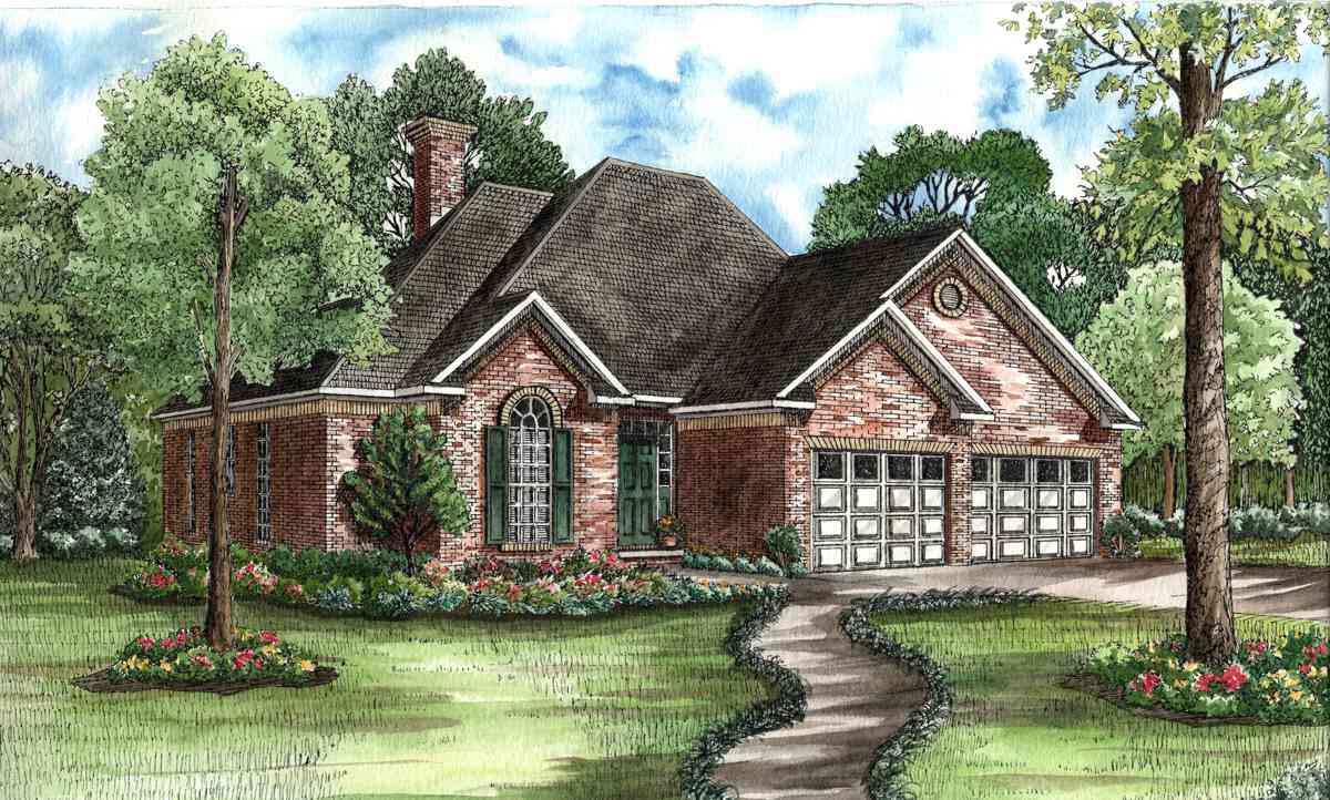House plan exterior: Brick ranch with dormer, arched window, and attached three-car garage.
