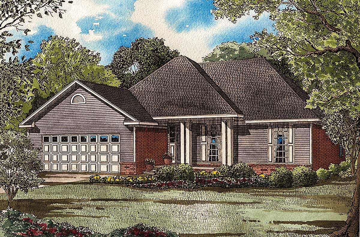 House plan exterior: One-story home with a gable, a covered porch with columns, and a two-car front-facing garage.