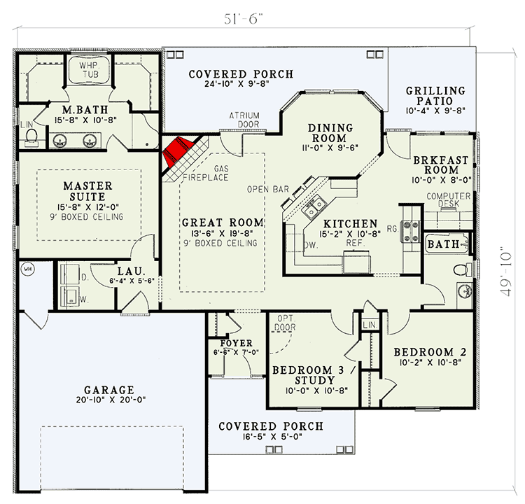 Plan 5909ND: Split Bedroom House Plan with Two Porches And Grilling Patio - 1525 Sq Ft - Floor Plan - Main Level - Traditional