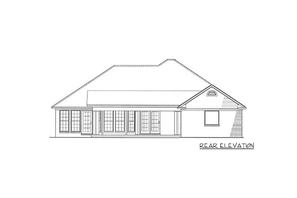 Rear elevation drawing of a house plan featuring a covered porch with numerous windows and French doors, and a gabled dormer.