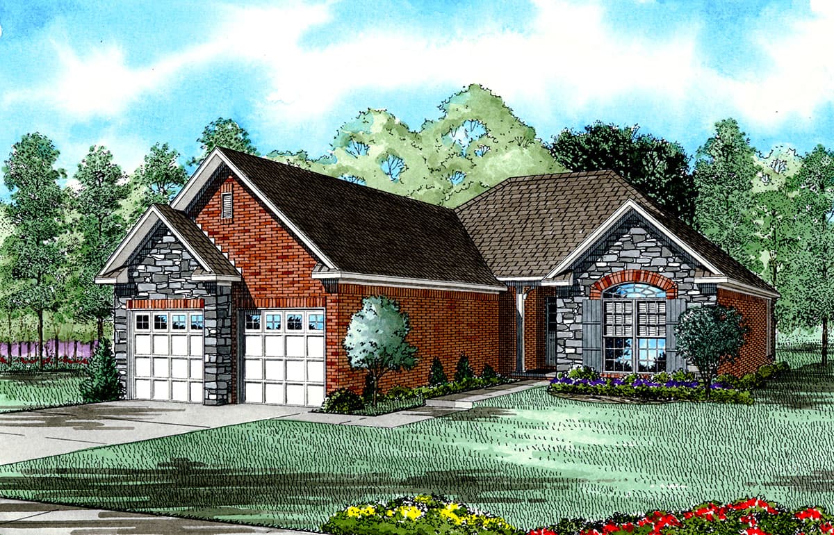 House plan exterior: single-story brick home with stone accents, two-car garage, and arched window.