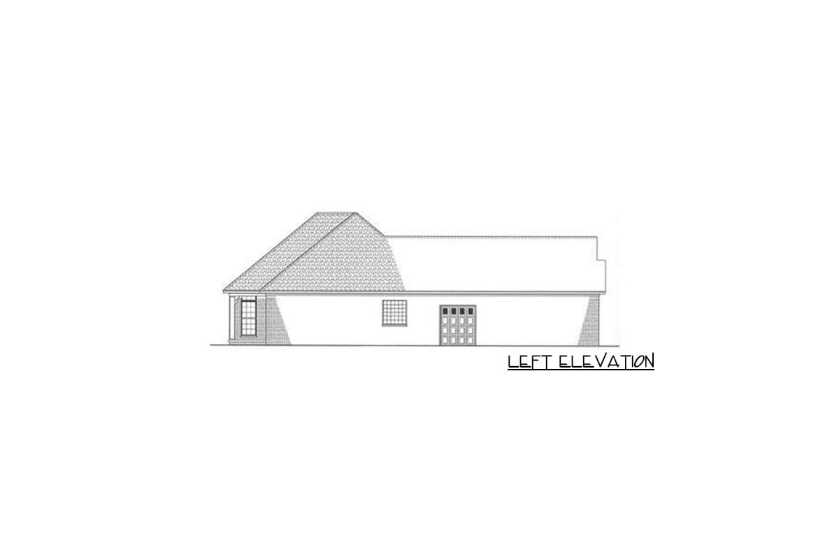 Left elevation drawing of a house plan with a prominent gable roof, brick foundation, and a two-car garage door.