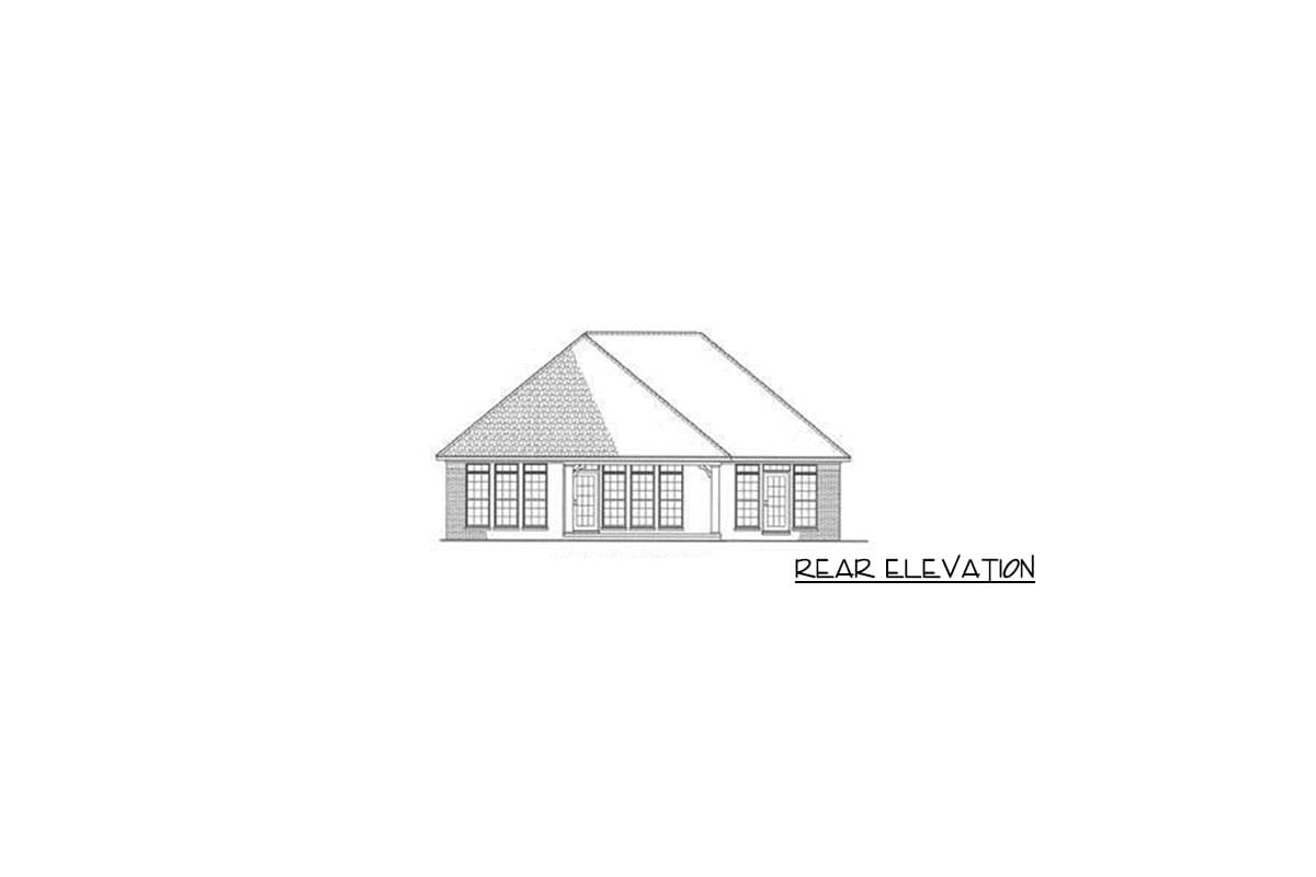 Rear elevation drawing of a one-story house plan with a hip roof, multiple windows, and a covered porch.
