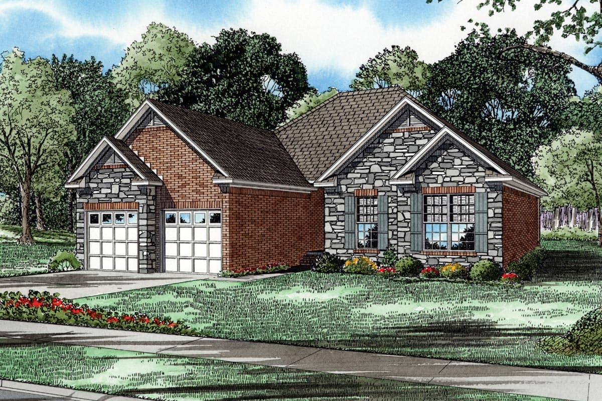 House plan exterior: one-story home with two-car garage, brick and stone exterior, gabled rooflines, and dormers.