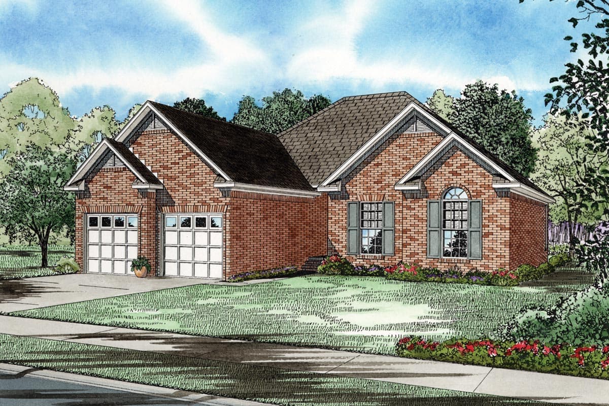 House plan exterior with brick facade, featuring a two-car garage, multiple gables, and a half-round window on the front elevation.