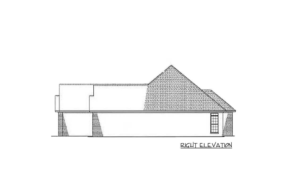 House plan right elevation drawing showing a multi-level roofline, a gabled section, and a small window.