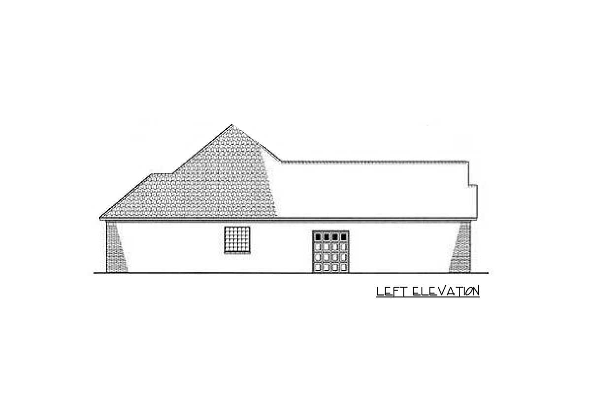 Left elevation drawing of a house plan showing a multi-level roof, a grid window, and a door with a grid pattern.