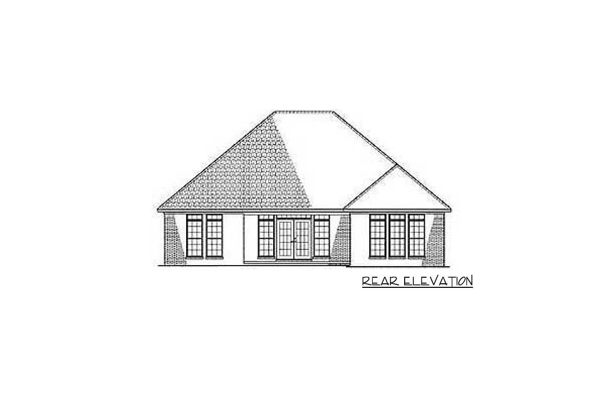Rear elevation drawing of a one-story house plan featuring a varied roofline, central double doors, and multiple window groups.