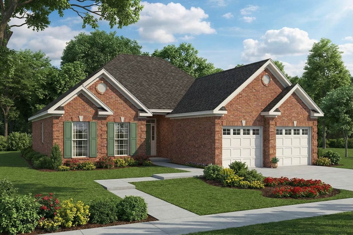 A brick house with a dark roof and white trim. It has a two-car garage, green shutters, and is surrounded by a well-kept lawn and landscaping.