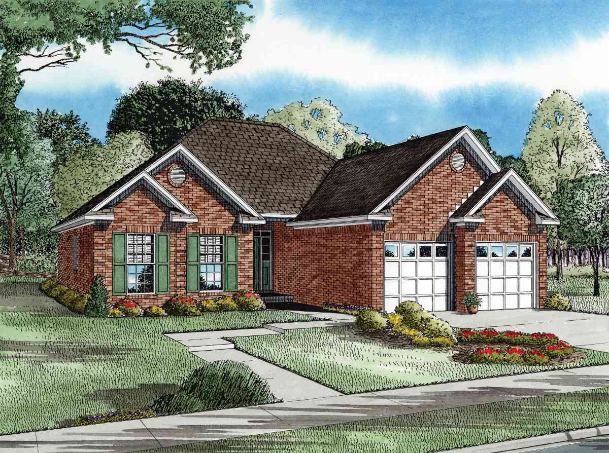 House plan exterior for a one-story brick home with a side-entry two-car garage, gables, and decorative window shutters.
