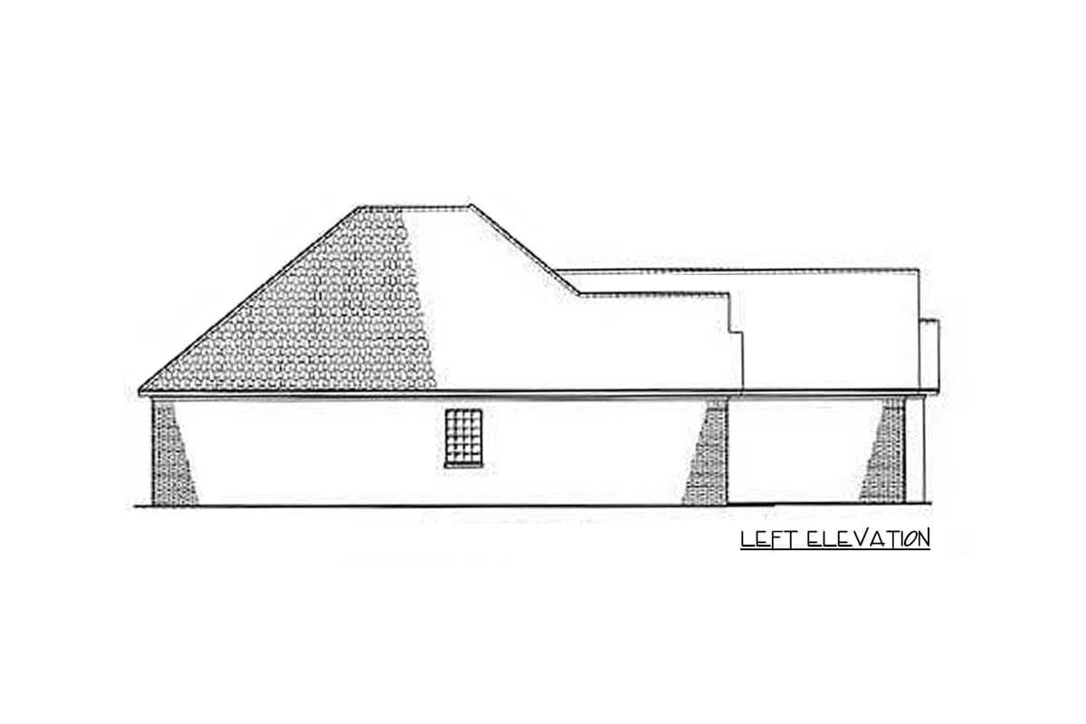 Left elevation house plan drawing shows a hip roof, one visible window, and stone accents on the foundation.
