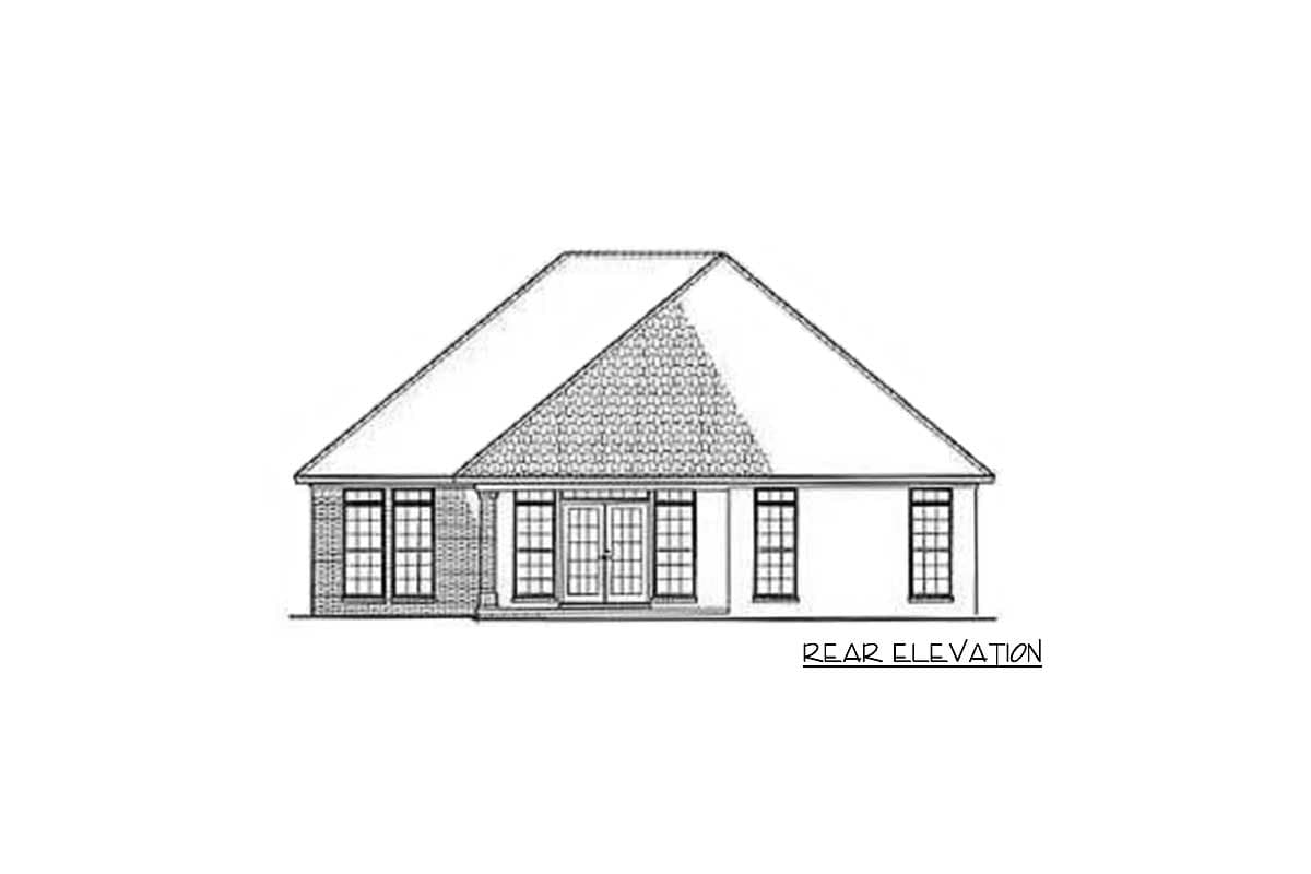 Rear elevation drawing of a one-story house with a hipped roof, dormer, and double doors.