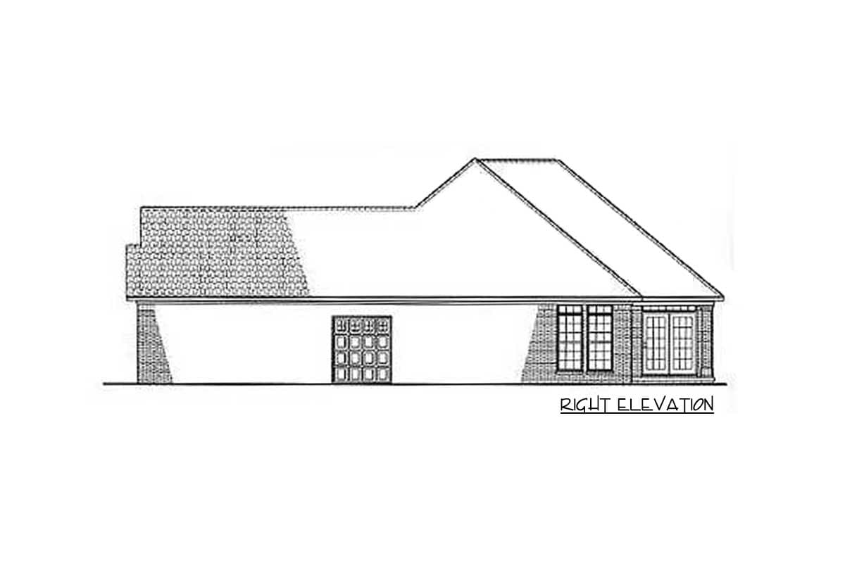 Right elevation drawing of a house plan with a mansard roof section, brick accents, and multiple windows.