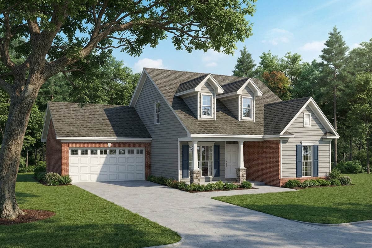 House plan exterior with two stories, a front porch, dormers, and a two-car garage. Features include a gabled roof and brick accents.
