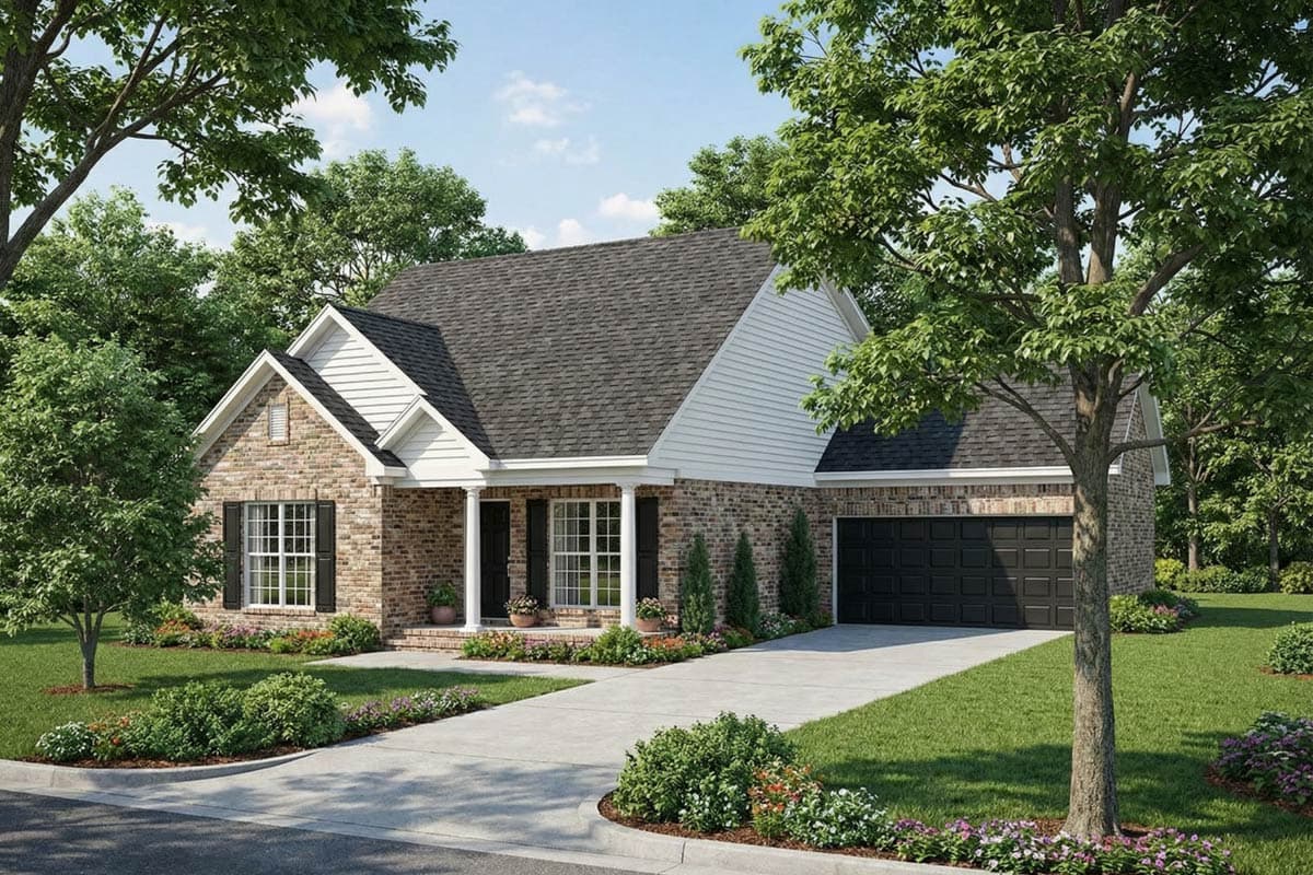 House plan exterior. Single-story, brick facade home with gabled roof, front porch with columns, and attached garage with black door.