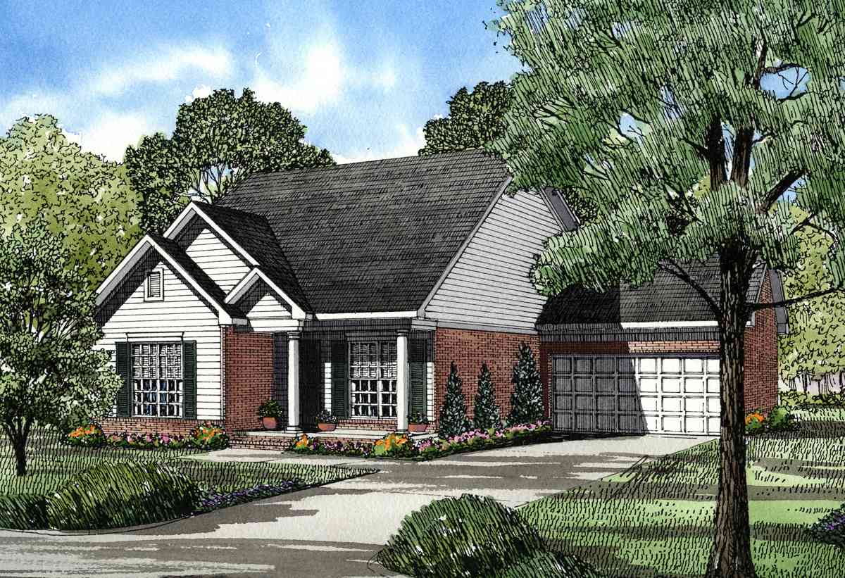 House plan exterior: Ranch style, one story, brick and siding, covered front porch with columns, gable dormer, attached two-car garage.