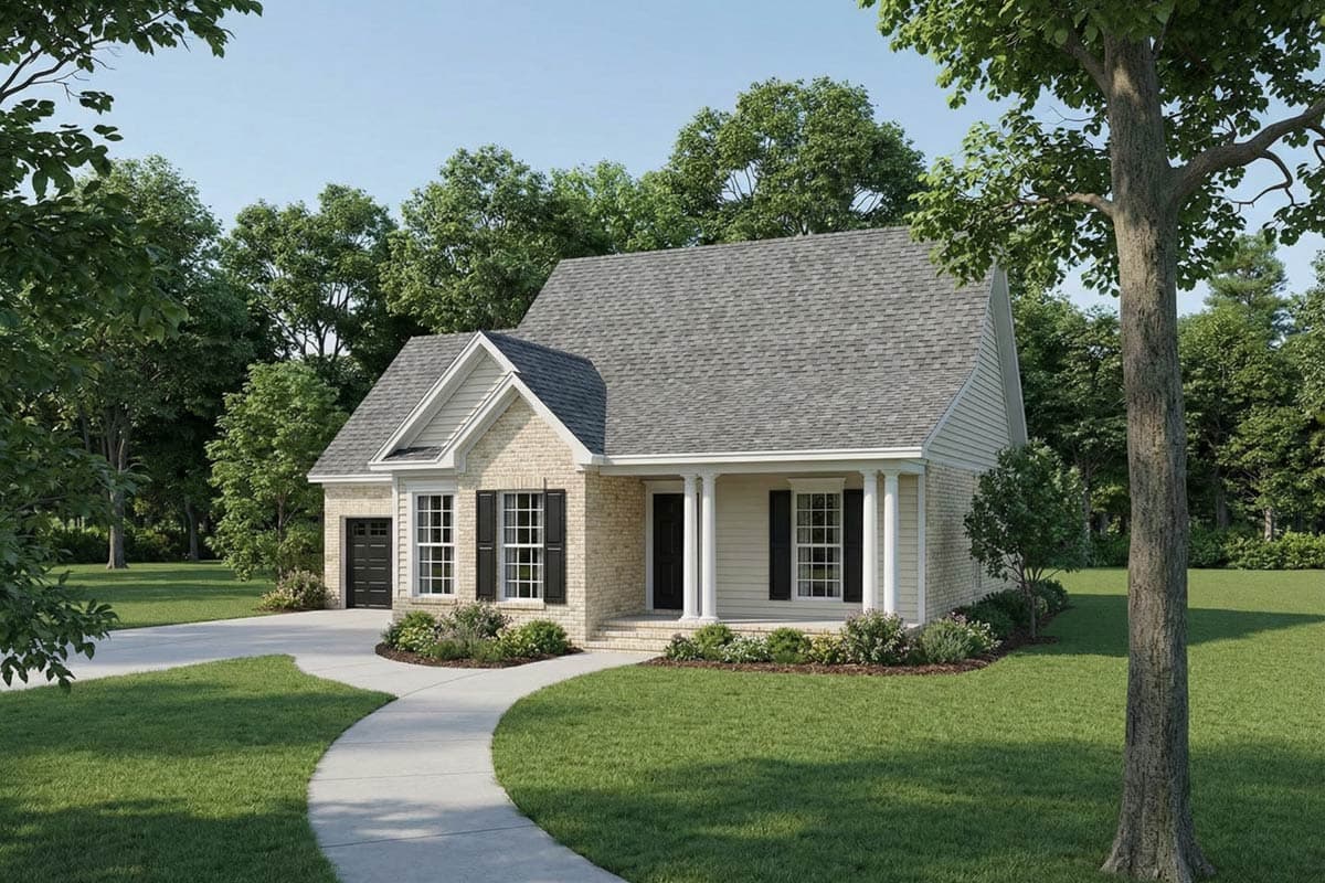 House plan exterior: Ranch style, single-story home with brick facade, covered porch, dormers, and attached garage.