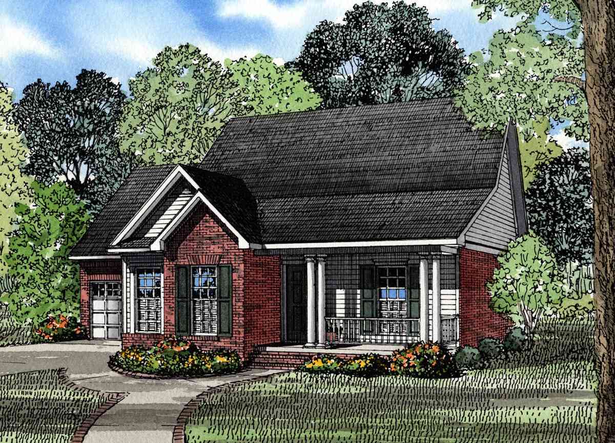 House plan exterior: One-story brick home with front porch supported by columns, gables, and attached garage.