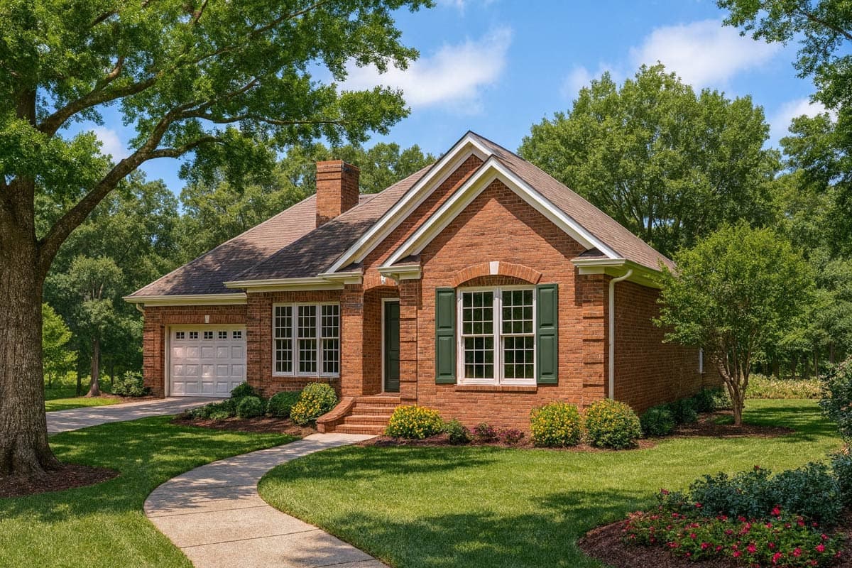 House plan exterior: Brick ranch with attached garage, gable roof, prominent chimney, and multiple windows with green shutters.