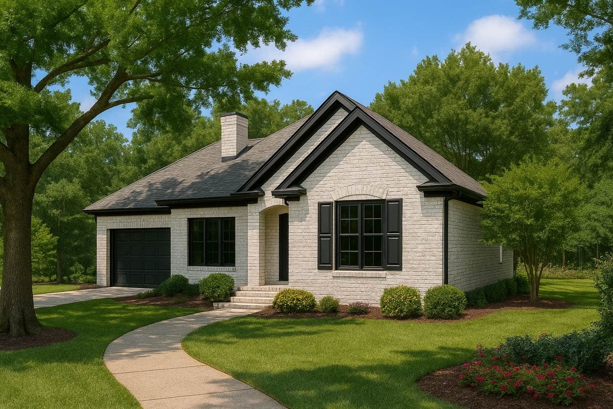 One-story house plan exterior with white brick, attached garage, prominent gables, and a covered entryway.
