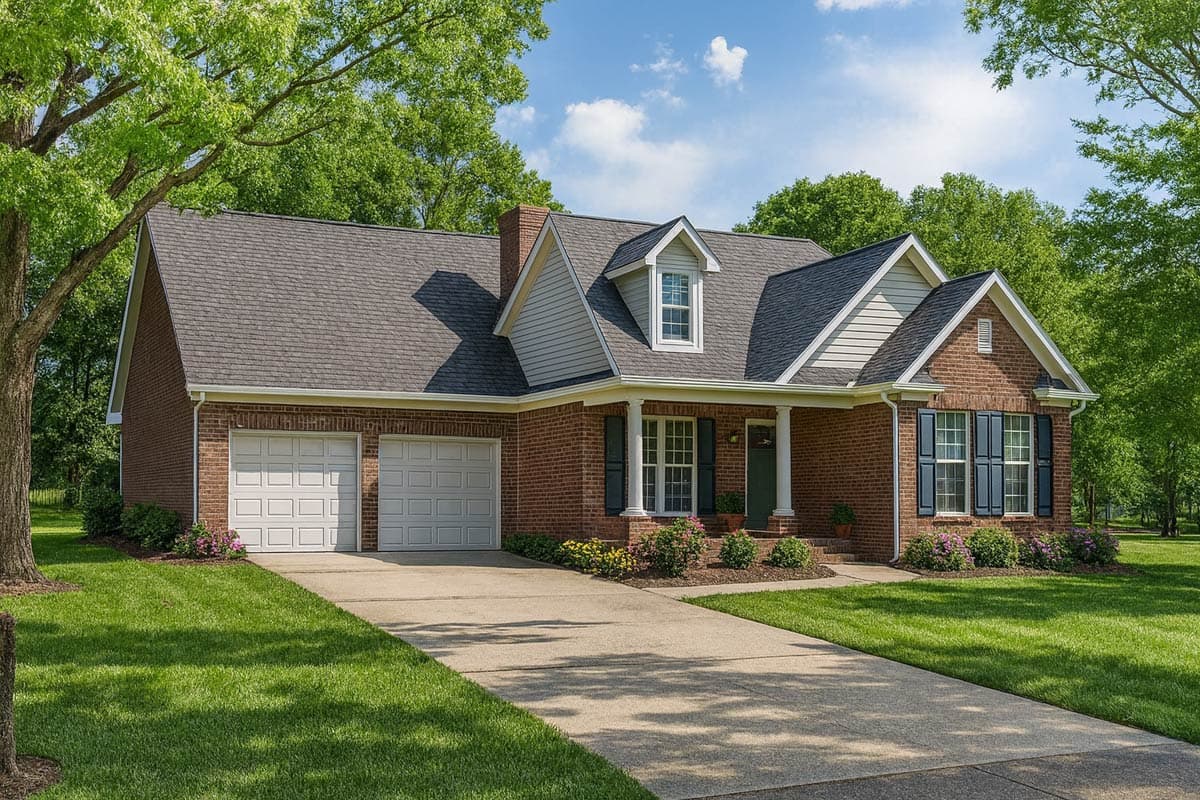 House plan exterior: Brick home with attached two-car garage, gabled dormer, and covered front porch with columns.