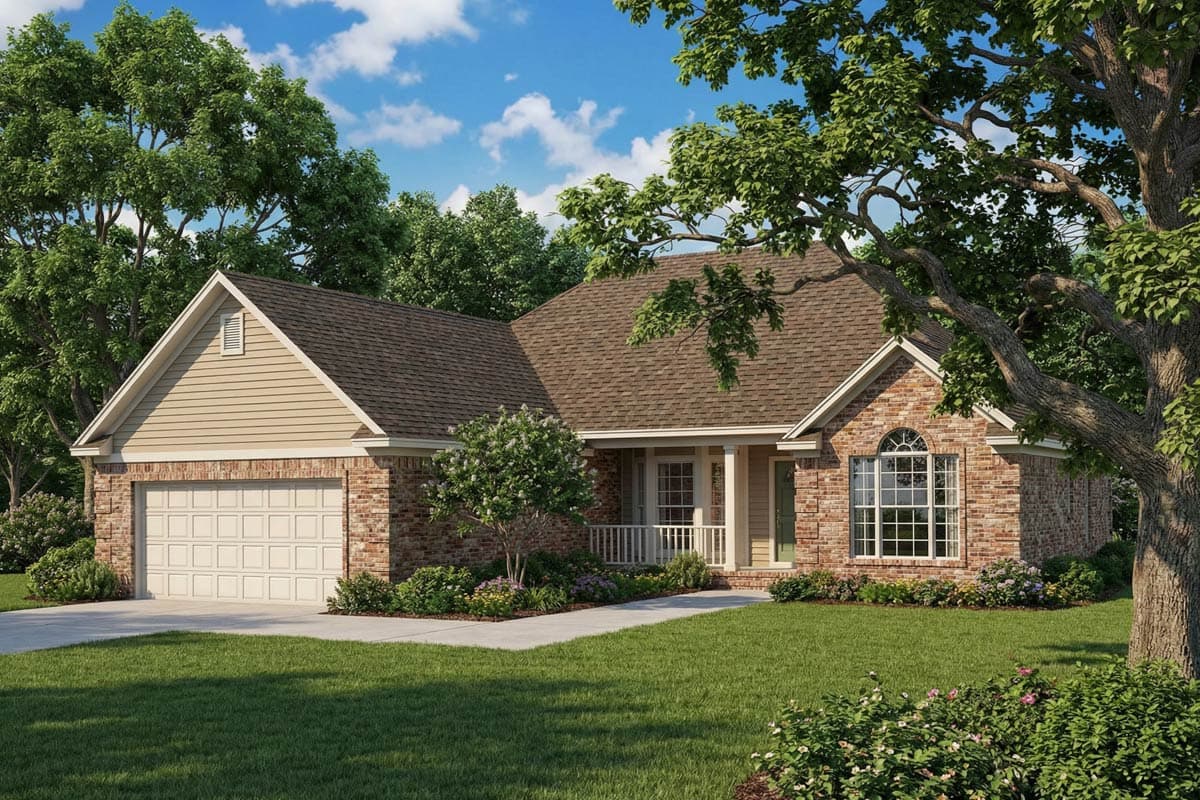 A brick-and-siding home sits amid lush greenery under a partly cloudy sky. Mature trees frame the exterior with a garage and arched window.