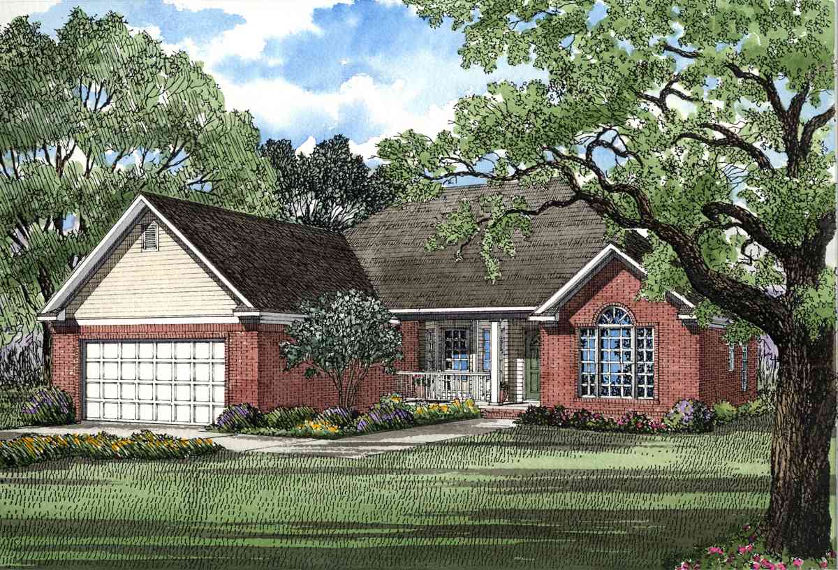 House plan exterior: Brick ranch with a two-car front-entry garage, covered front porch, and arched window.