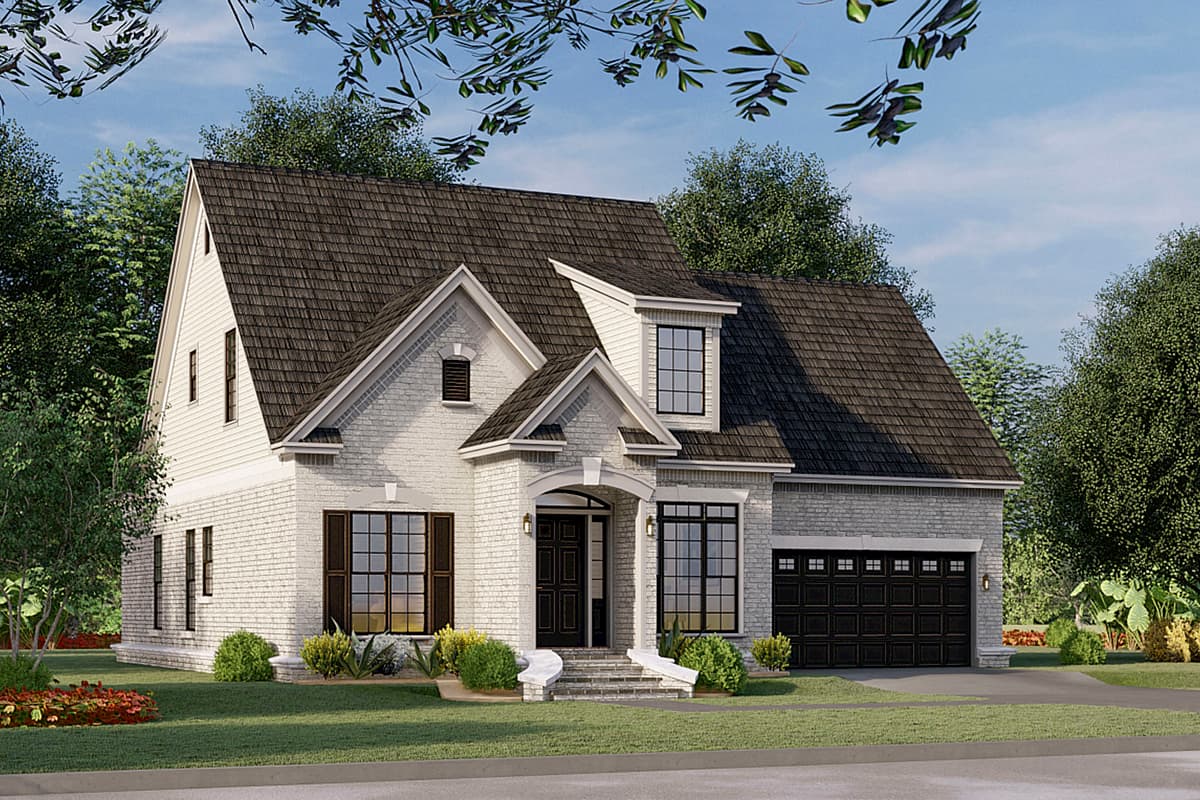 House plan exterior: Two-story brick home with a prominent gabled front, arched entryway, dormer window, and attached garage.