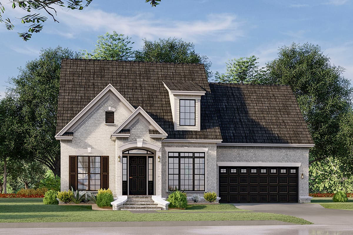 House plan exterior featuring a two-story design with a brick facade, gable roof, and attached garage. Includes a dormer window and front porch.