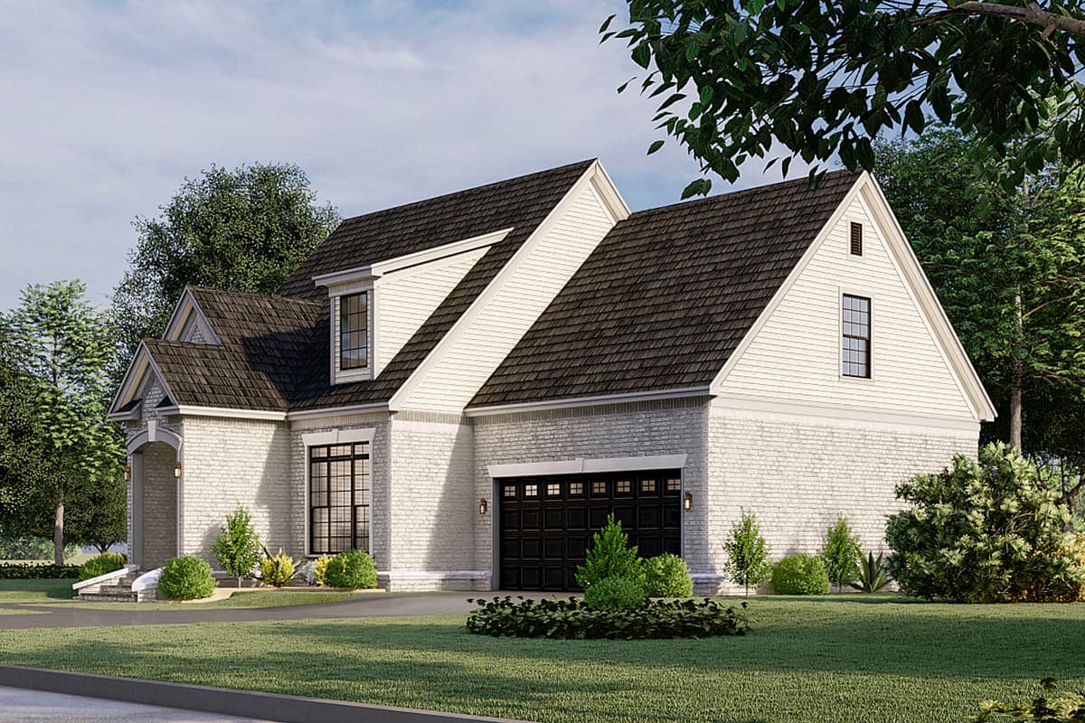 House plan exterior featuring white brick, gable roof, dormer window, arched entryway, and attached two-car garage.
