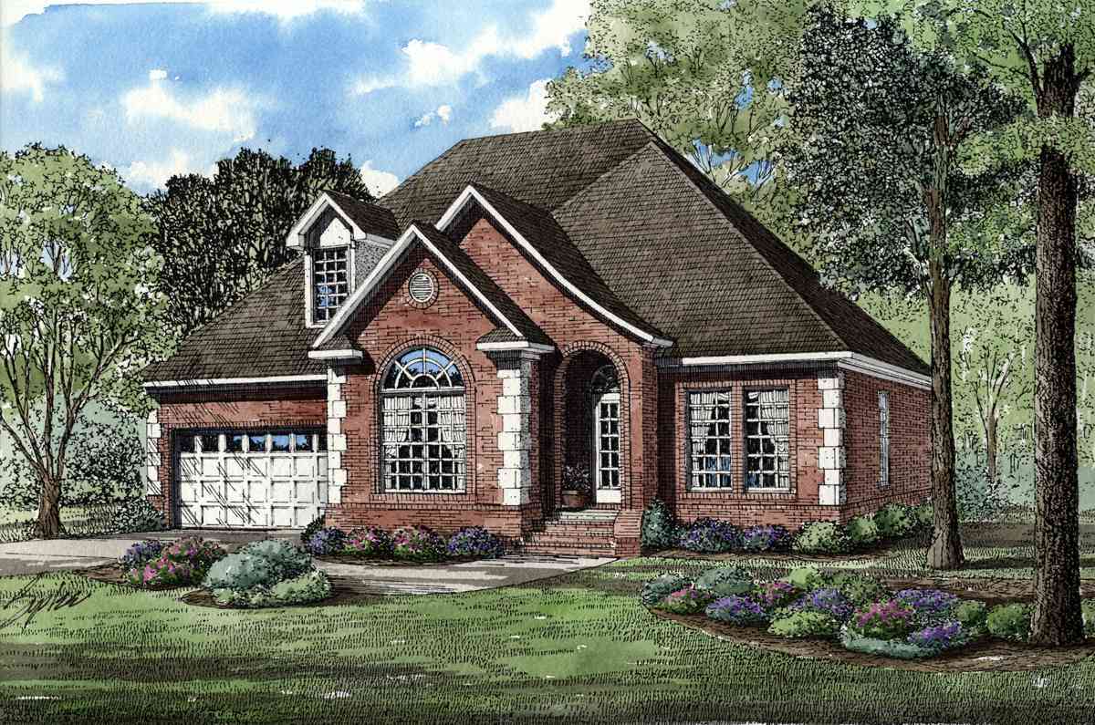 House plan exterior: Brick home with arched windows, dormer, arched entry, and attached garage.