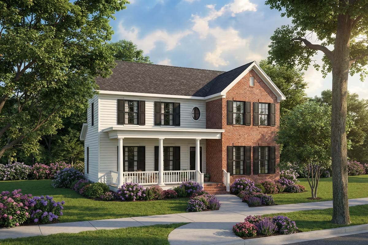 House plan exterior. Two-story Colonial with a front porch, gabled roof, and brick facade on one side. Features include window shutters.