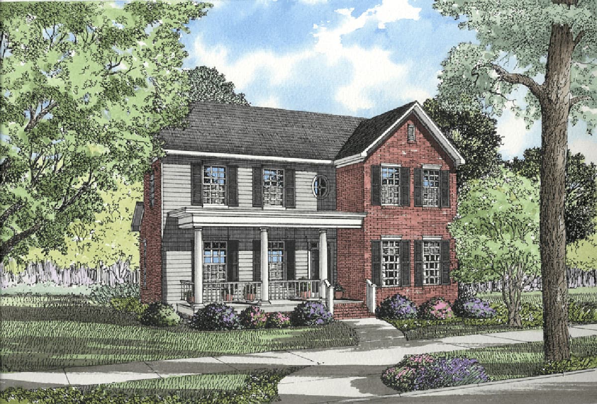 House plan exterior of a two-story home with a gabled roof, brick facade, siding, and a covered front porch with columns.