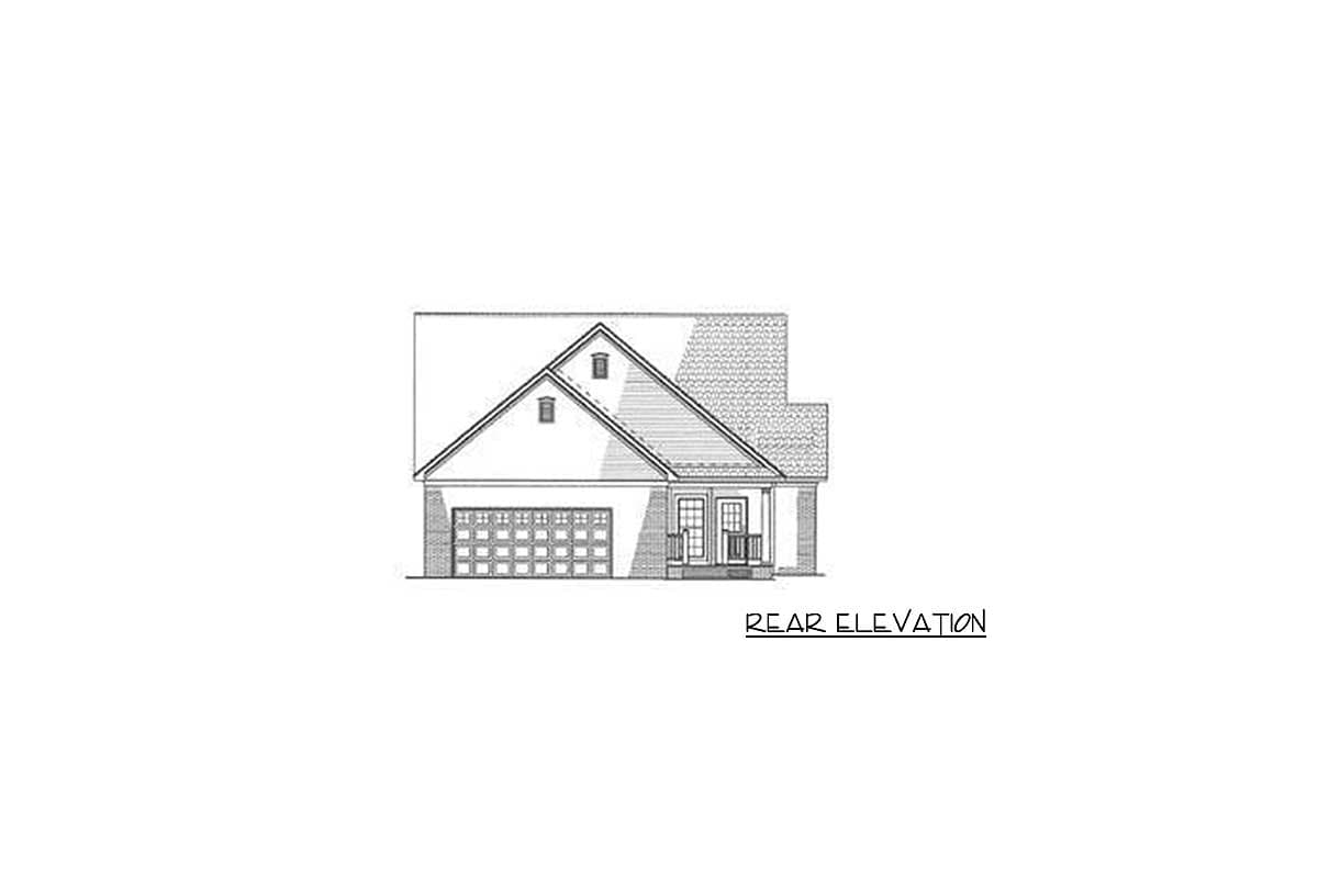 Rear elevation drawing of a one-story house plan with a two-car garage, gable roof, and front porch.