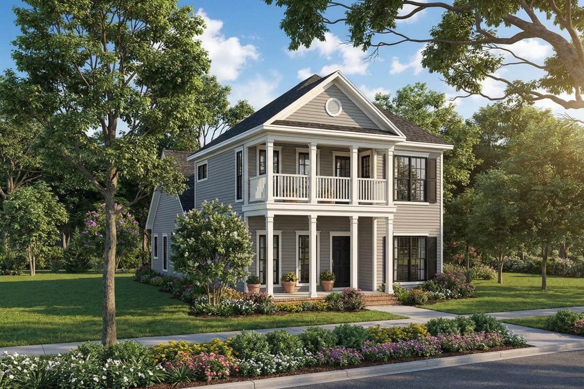 House plan exterior with two stories. Features include a two-story porch with columns, a gable roof, and black-shuttered windows.