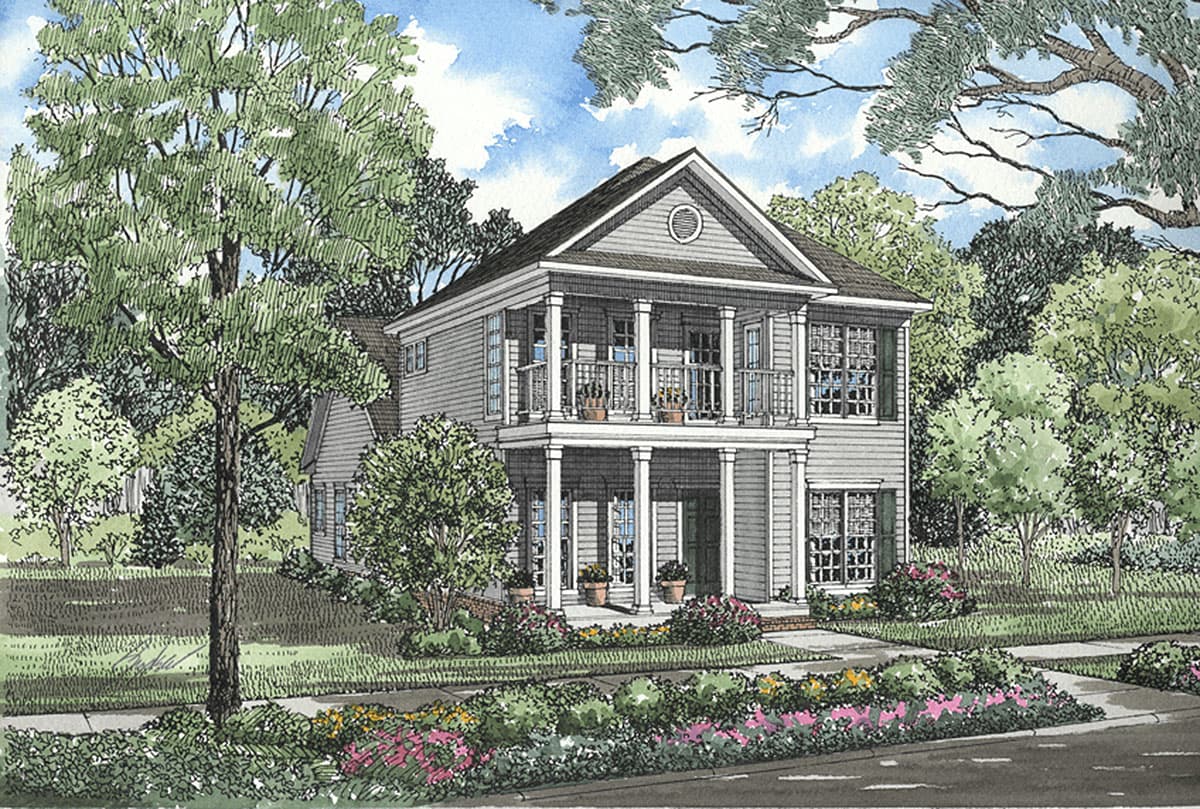 House plan exterior of a two-story home with a double-height front porch, columns, balconies, and a prominent gable.