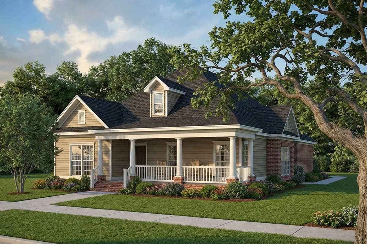 House plan exterior. Craftsman style, one-story. Features include a covered porch with columns, a gable roof, and a dormer.