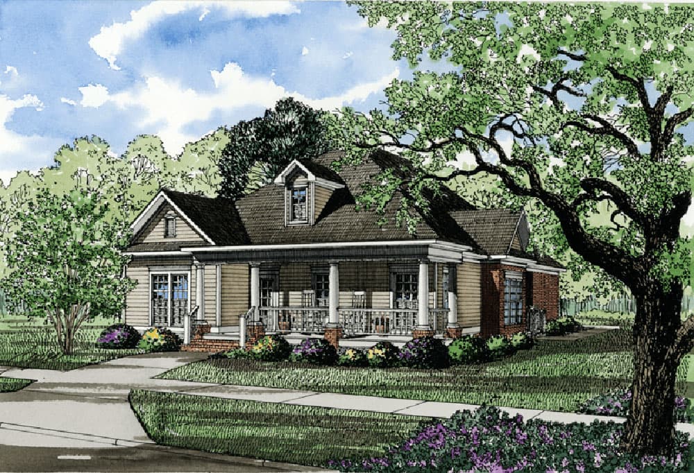 House plan exterior of a one-story ranch with a wraparound porch, gables, and dormer windows.