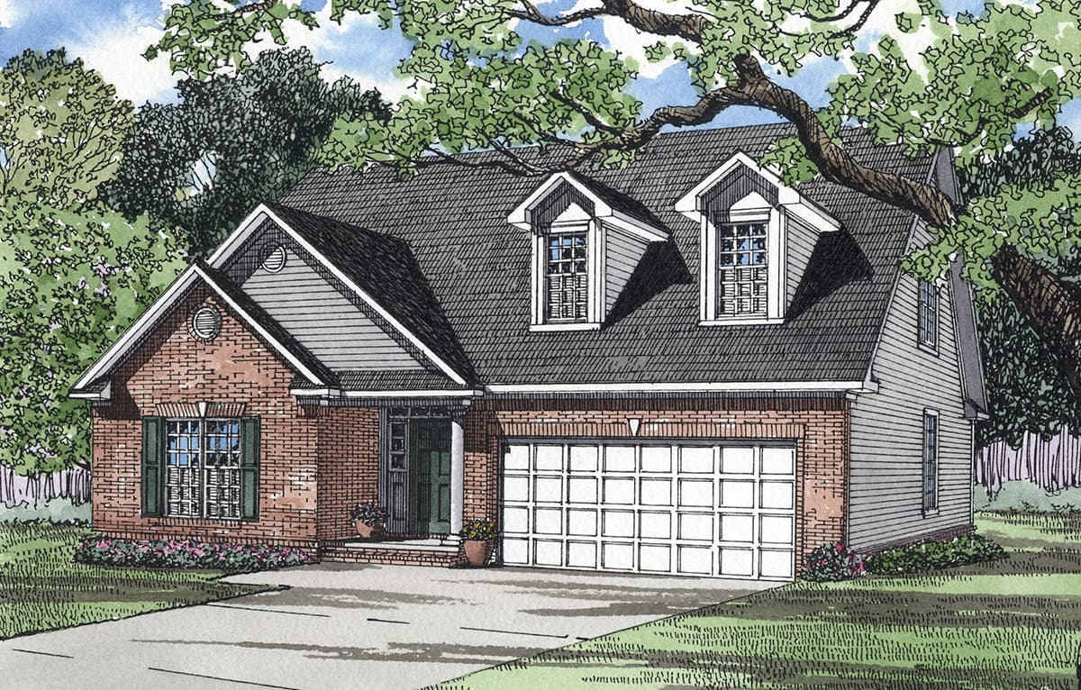 House plan exterior of a two-story home with brick and siding, a front-entry garage, and dormer windows.