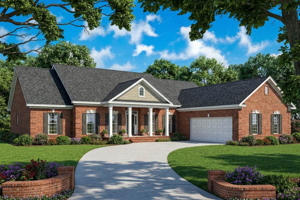 A brick house with a curved driveway and manicured lawn. The home has a covered porch supported by columns and a two-car garage.