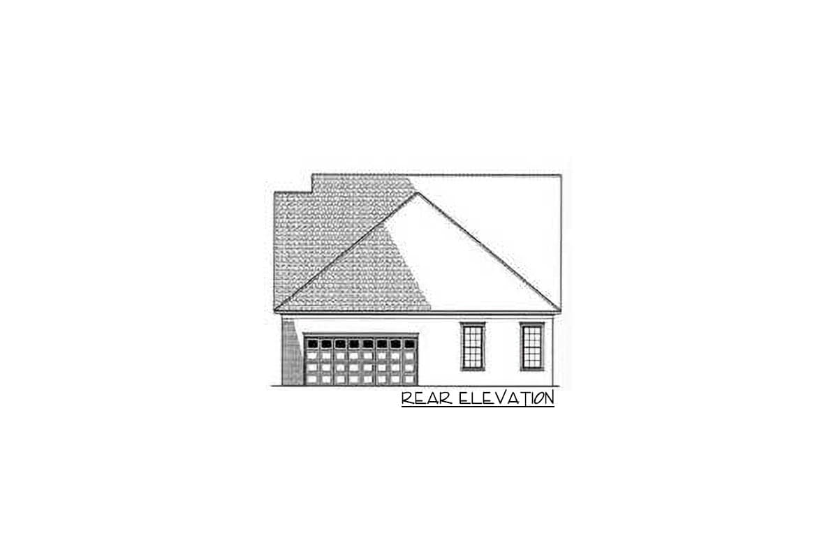 Rear elevation drawing of a house plan with a two-car garage and two windows.