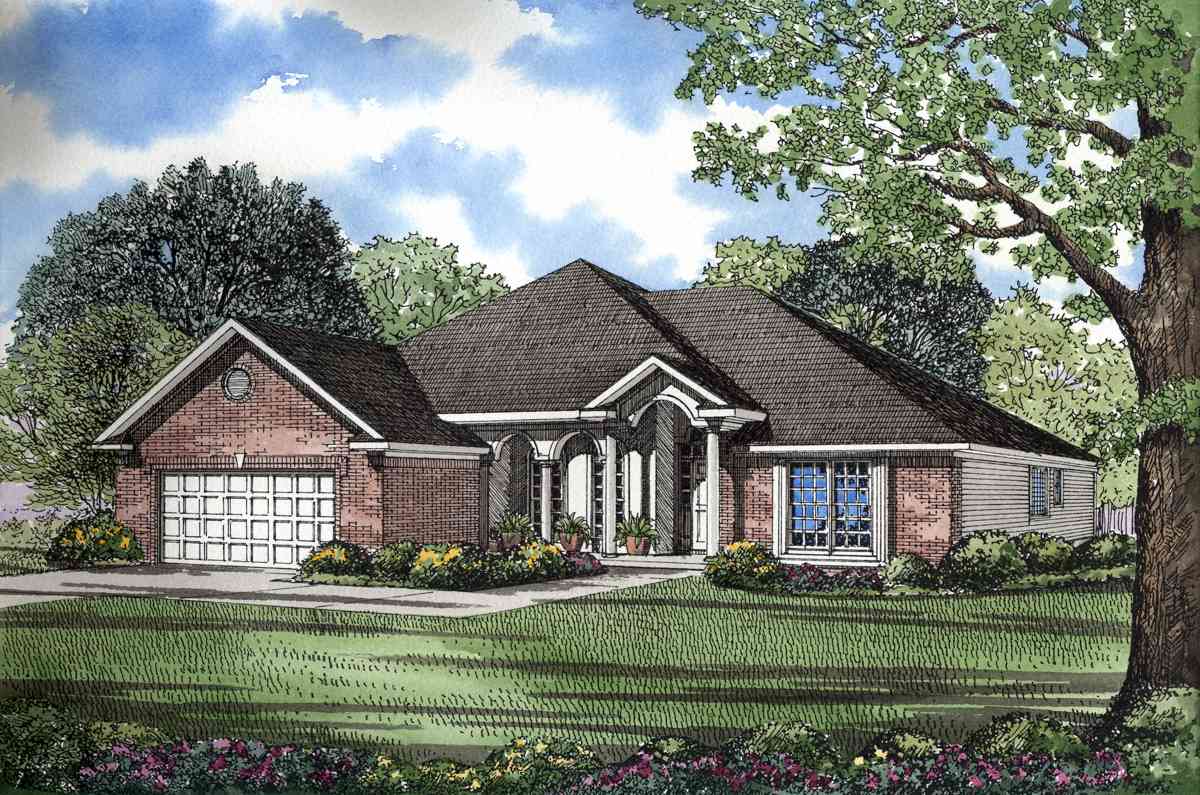House plan exterior: one-story brick home with attached garage, arched portico, dormer window, and large front windows.