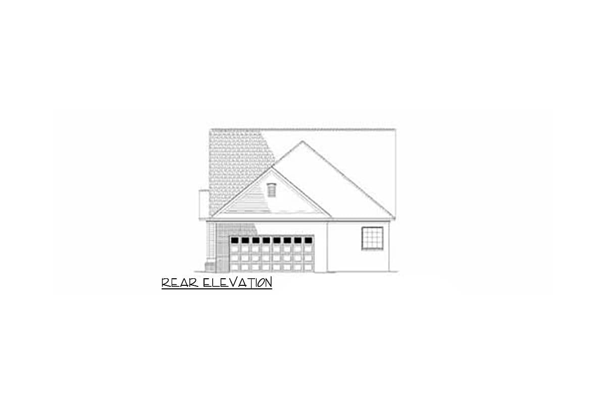 Rear elevation drawing showing a two-car garage, gable, and window.