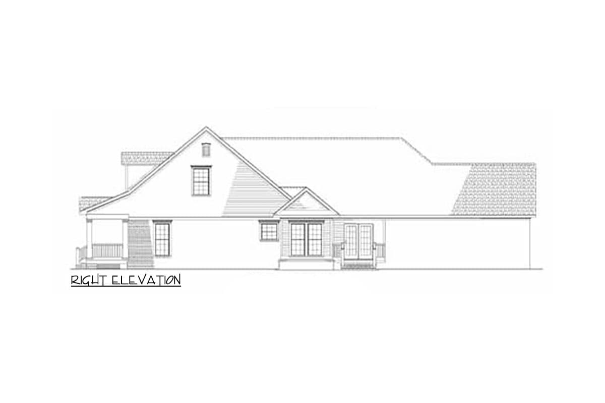 House plan right elevation showing a dormer, gabled roof, porch, and double doors.